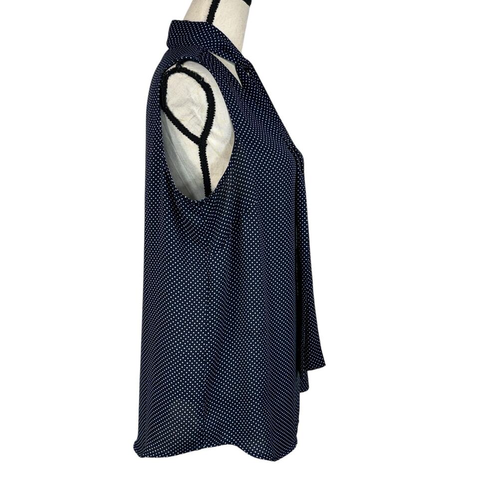 Adrianna Papell Large Top Sleeveless Lightweight Polka Dot Tie Scarf V-Neck Navy - Picture 3 of 8